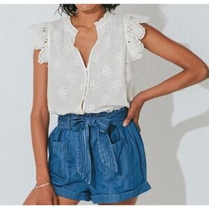 CLEOBELLA Zoe Eyelet Lace Blouse Women's Top Size XS White Cap Sleeve